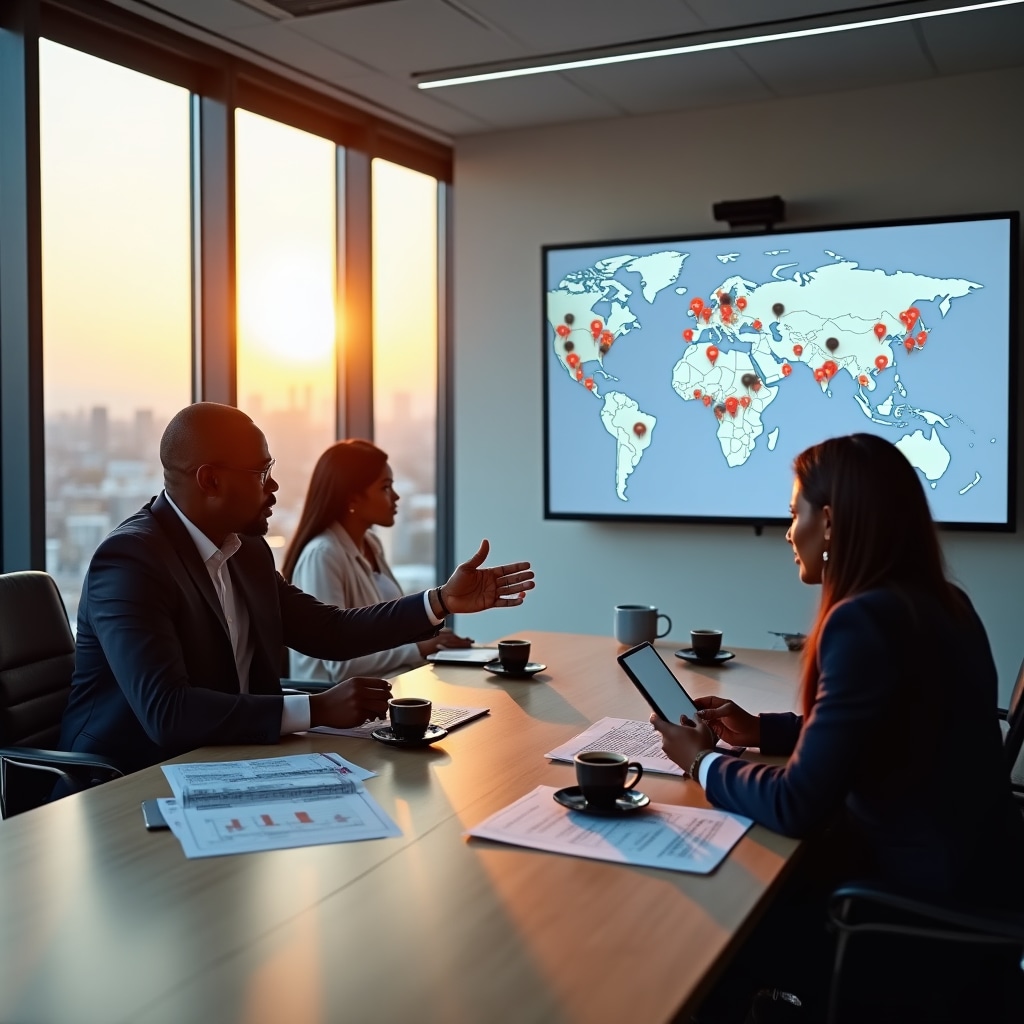 Business meeting discussing multi-location agent operations